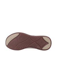 Schoenen zool met een gestructureerd rubberen ontwerp. Voornamelijk kastanjebruin met een lichtere beige sectie, met groeven en patronen voor grip.