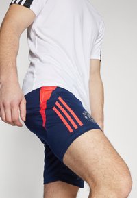 Námorné športové šortky s červenými bočnými panelmi, troma červenými pruhmi a logom na dolnej ľavej strane. Vyrobené z ľahkej tkaniny, ponúkajúce priliehavý strih.