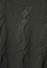 Tumši zaļš adīts džemperis ar teksturētu rakstu, kas bieži ietver paceltas, savijušās kabeles un ribotu kakla izgriezumu.