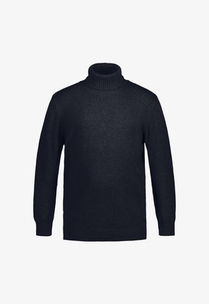 Donkerblauwe coltrui gemaakt van een geweven stof met textuur. Voorzien van lange mouwen en een geribde kraag en zoom.