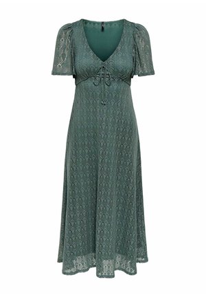 Zelena midi obleka iz čipke z napihnjenimi rokavi, V-izrezom in trakom na prsih. Lahka A-linijska silhueta z nežnim vzorcem.