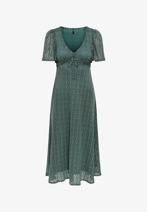 Zelena midi haljina od čipke s naboranim rukavima, V-izrezom i detaljem za vezanje na dekolteu. Lepršavi A-kroja s nježnim uzorkom.
