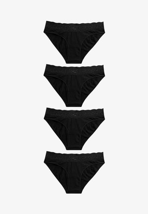 Neli musta puuvillast aluspükse, millel on pitsist piht. Need on klassikalise lõikega ja sileda tekstuuriga, asetatud vertikaalselt kuvamiseks.