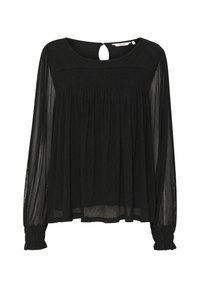 Blusa nera a maniche lunghe con una vestibilità comoda, caratterizzata da una texture plissettata, colletto rotondo e chiusura a chiave sul retro. Polsini arricciati.
