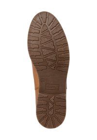 Semelle de chaussure marron avec des motifs de bande de roulement géométriques profonds, des formes triangulaires au centre, et le nom de la marque "Tamaris" en relief près du talon.
