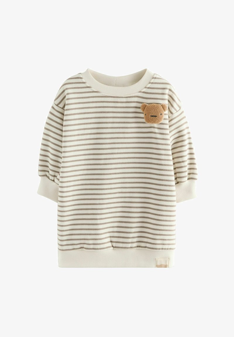 Stripet creme- og lysbrun sweatshirt med en løs pasform. Har et tekstureret bjørnepatch på brystet og ribbede manchetter ved ærmerne.