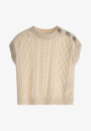 Crèmekleurige kabelgebreide mouwloze trui met geribde kraag en zoom, versierd met drie juweelknopen op de linkerschouder.