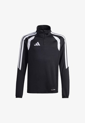 Polo sportif noir à col haut, logo de marque blanc et bandes latérales blanches. Tissu doux avec manches longues et col zippé.