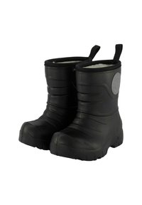 Svarta vattentåliga stövlar med en texturerad gummiyttre, rund tå och ett mjukt inre foder. Har sidoöglor för enkel påtagning.