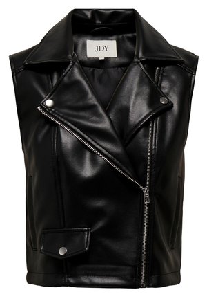 Sort ærmeløs bikervest i imiteret læder med sølvlynlås, trykknapper og en lille klaplomme foran.