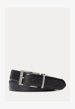 Black leather belt rolled with silver rectangular buckle and multiple adjustment holes against plain white background.