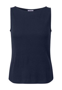 Marineblaues ärmelloses Oberteil aus geripptem Stoff mit Rundhalsausschnitt und lässiger Passform. Verleiht dem Design eine feine Textur.