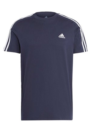 Camiseta azul marino de algodón, con mangas cortas, cuello redondo, tres rayas blancas en cada hombro y un pequeño logo blanco.