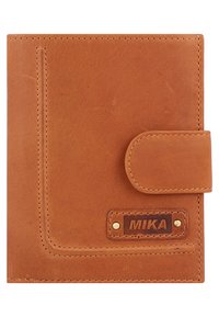Brown leather wallet with a stitched design, a snap closure, and a branded patch featuring the name "MIKA." Smooth texture and rectangular shape.