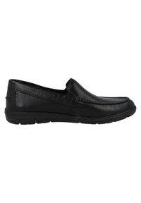 Black leather slip-on shoes with a rounded toe, minimal stitching detail, and a flexible rubber sole. Smooth texture throughout.
