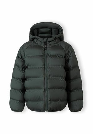 Czarna puchowa kurtka z kapturem i przednim zamkiem błyskawicznym, z napisem "NYC" na suwaczku, prezentowana na białym tle.