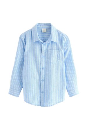 Lyseblå skjorte med lange ærmer, knapper og hvide lodrette striber samt en brystlomme.