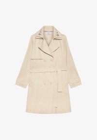 Gabardina beige de doble botonadura con cinturón y bordado floral en el cuello, con mangas largas y bolsillos laterales.