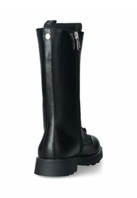 Stivale nero fino al ginocchio con tomaia sintetica liscia, cerniera laterale, suola strutturata e tacco a blocco per maggiore stabilità.