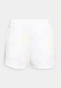 Bílé kraťasy s jemným mramorováním v pastelových odstínech růžové, žluté a modré, elastickým pasem a bočními kapsami.