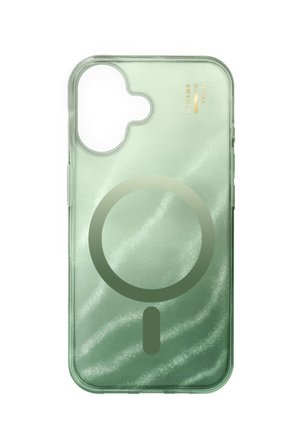 Coque de téléphone transparente vert pâle avec un design magnétique circulaire et en lignes, découpe pour l'appareil photo, et petit logo doré "iDeal of Sweden".