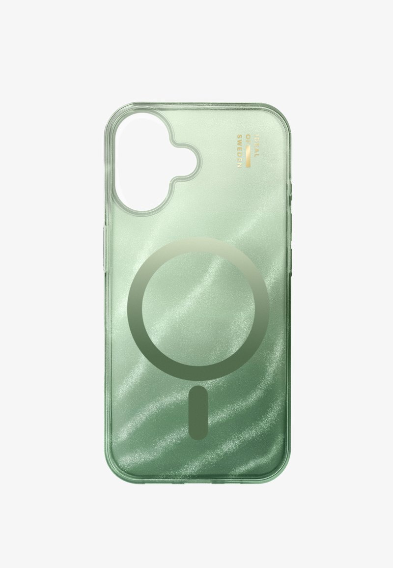 Transparente, blassgrüne Handyhülle mit kreisförmigem und linienförmigem Magnetdesign, Aussparung für die Kamera und kleinem goldenen "iDeal of Sweden"-Logo.