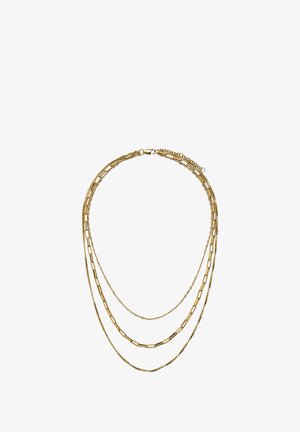 Złoty wielołańcuchowy naszyjnik z różnymi kształtami ogniw — cienkie okrągłe, wydłużone prostokątne oraz delikatny łańcuszek — oferujący warstwową teksturę i wzór.