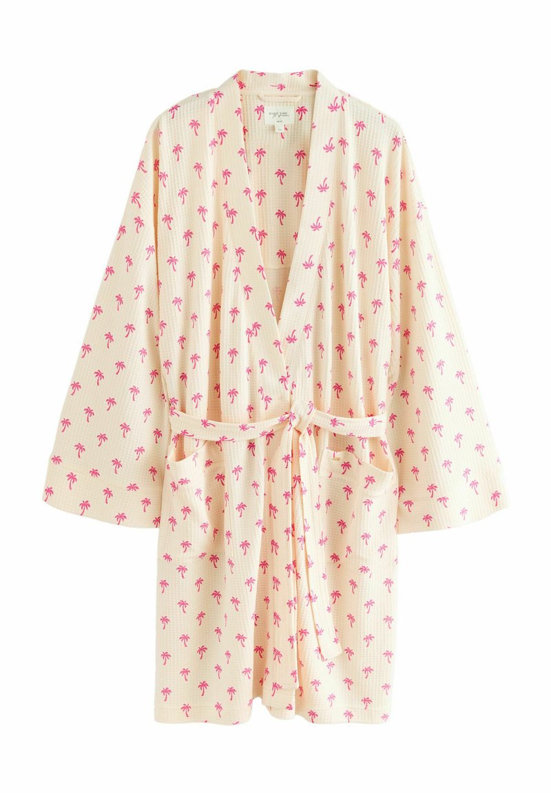 Garu drēbju kimono līdz ceļiem gaiši dzeltenā krāsā ar rozā palmu koku rakstu, ar jostu, divām kabatām un platām piedurknēm. Strukturēts audums.