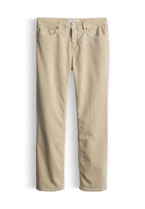 Pantalons en coton beige avec une coupe droite, cinq poches et une fermeture à bouton en métal à la taille. Texture douce et détails minimalistes.