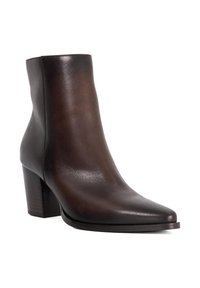 Dark brown leather ankle boot with pointed toe and block heel on white background.