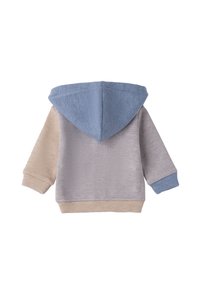 Sudadera con capucha de diseño a rayas, que presenta paneles en beige, gris y azul. Tejido suave, mangas largas y una gran capucha.