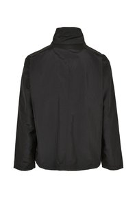 Juodas, lengvas švarkas su aukštu apykakle ir ilgomis rankovėmis. Lygi, matinė tekstūra be matomų raštų ar detalių.