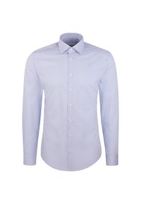 Lichtblauw herenoverhemd met lange mouwen, witte geometrische diamantenpatroon, met knoopsluiting aan de voorkant en puntige kraag op een witte achtergrond.