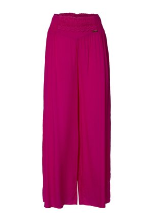 Pantaloni larghi fucsia con vita arricciata e rifiniture in pizzo, caratterizzati da una vestibilità comoda e un tessuto leggero per comfort e traspirabilità.