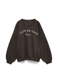 Bruine oversized sweatshirt met witte tekst: "CLUB DE CAFÉ Parijs." Zachte stof, ronde halslijn en ruime mouwen.