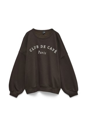Sweatshirt surdimensionné marron avec texte blanc : "CLUB DE CAFÉ Paris." Matière douce, col rond et manches volumineuses.
