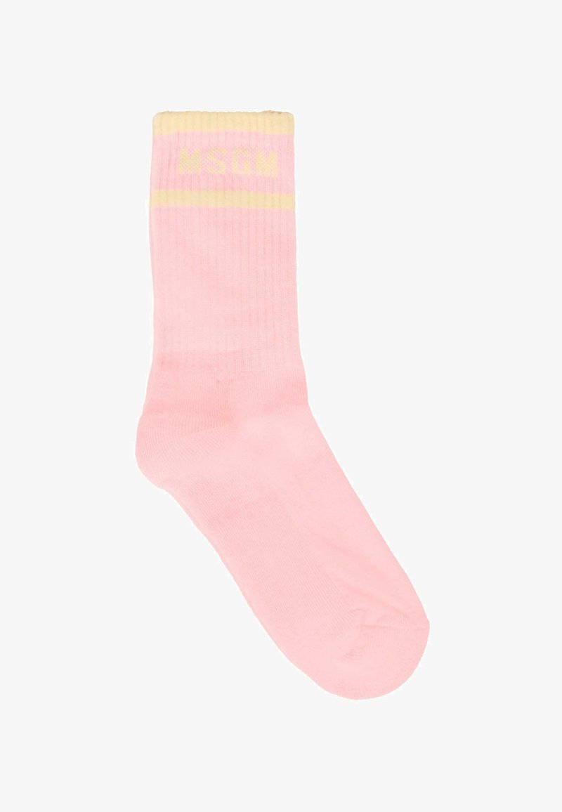 Różowa bawełniana skarpetka o rypsowym wzorze, z żółtym mankietem na górze i logo "MSGM" w tym samym żółtym kolorze.