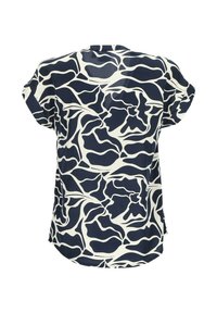 Kurzarmoberteil in Marineblau und Creme mit einem abstrakten Muster. Leichter Stoff mit lockerer Passform und abgerundetem Saum.