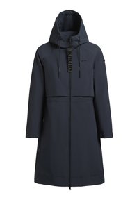 Manteau imperméable bleu marine avec fermeture éclair à l'avant, capuche ajustable et fermetures à crochets et boucles. Fabriqué en tissu lisse et texturé.