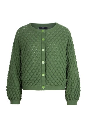 Grüne gestrickte Strickjacke mit strukturiertem Bubble-Muster, rundem Ausschnitt, langen Ärmeln und sechs passenden vorderen Knöpfen.