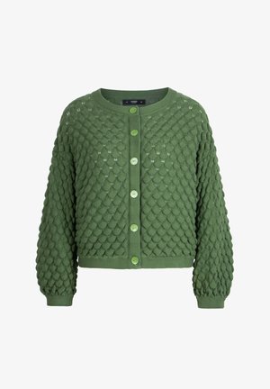 Grüne gestrickte Strickjacke mit strukturiertem Bubble-Muster, rundem Ausschnitt, langen Ärmeln und sechs passenden vorderen Knöpfen.