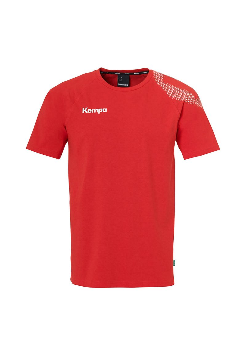Rode T-shirt met korte mouwen van katoen, met een ronde halslijn en een gestructureerd ontwerp op één schouder, met het "Kempa" logo aan de voorkant.