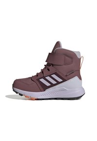 High-top athletic shoes in mauve and light gray, featuring a textured upper, three white stripes, adjustable strap, and contrasting sole.