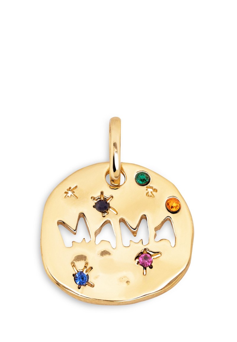 Goldfarbene Anhänger in organischer ovaler Form, graviert mit "MAMA" und verziert mit bunten Edelsteinen: Blau, Pink, Grün und Orange.