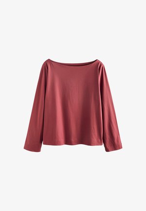 Long-sleeve, dusty rose women's top with a wide boat neckline and a loose, straight cut, displayed on a white background.