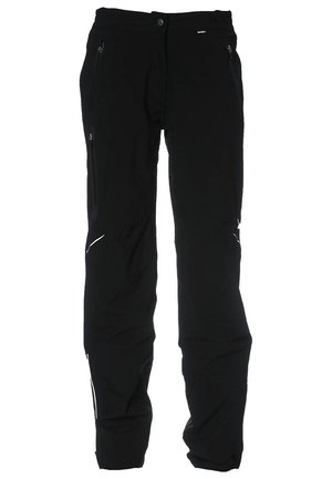 Czarne spodnie outdoorowe z kieszeniami na zamek, zapięciem na guzik oraz odblaskowymi detalami na kolanach i dolnych partiach nogawek.