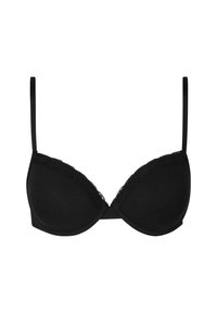 Soutien-gorge noir à armatures avec bord en dentelle, bonnets lisses et bretelles réglables. Doté d'un design minimaliste et d'une texture douce.