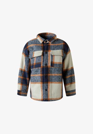 Bufalový károvaný kabát v modrej, krémovej a oranžovej farbe. Vyrobený z mäkkej, textúrovanej látky s dvoma prednými vreckami a golierom. Zapínanie na gombíky.