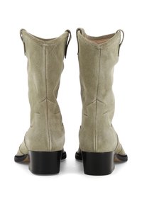 Stivali verde in suede al ginocchio con punta affilata, tacco nero e cuciture decorative lungo il gambale. Presentano delle linguette di trazione nella parte superiore.