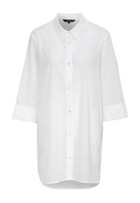 Weißes Hemd mit Kragen und langen Ärmeln, gefertigt aus einem weichen Stoff. Verfügt über eine durchgehende Knopfleiste und einen leicht gerundeten Saum.